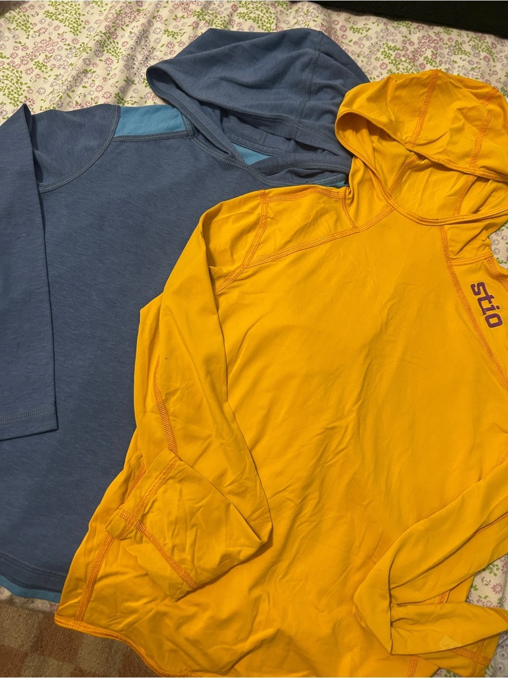 Stio Yellow Hooded Sun Shirt with Blue Hooded Layer